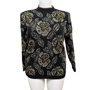 Vintage Bel Ami Black Gold Metallic Floral Sweater Made in USA Size Medium